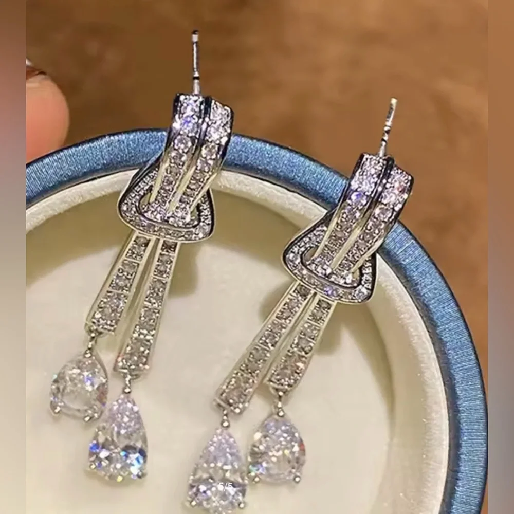 14k 4ct Pear Cut Dangle Earrings - Picture 6 of 11